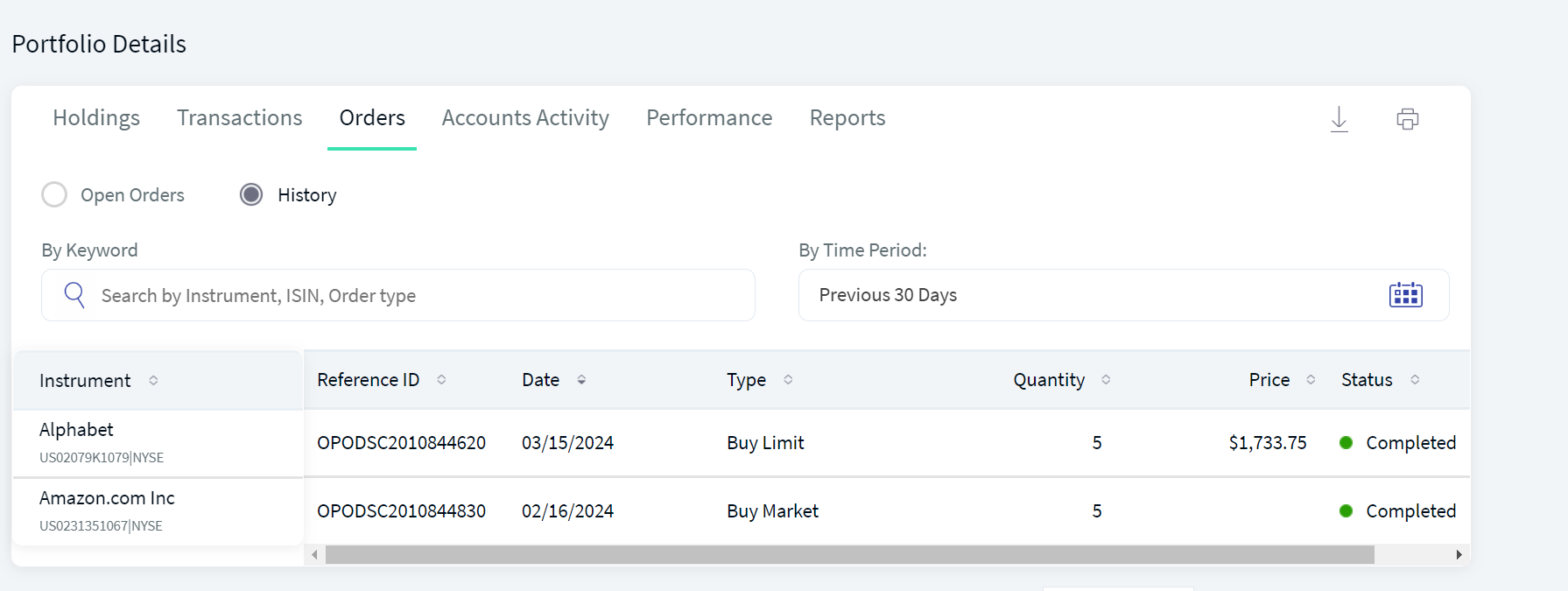 Portfolio Orders History Portfolio Orders History